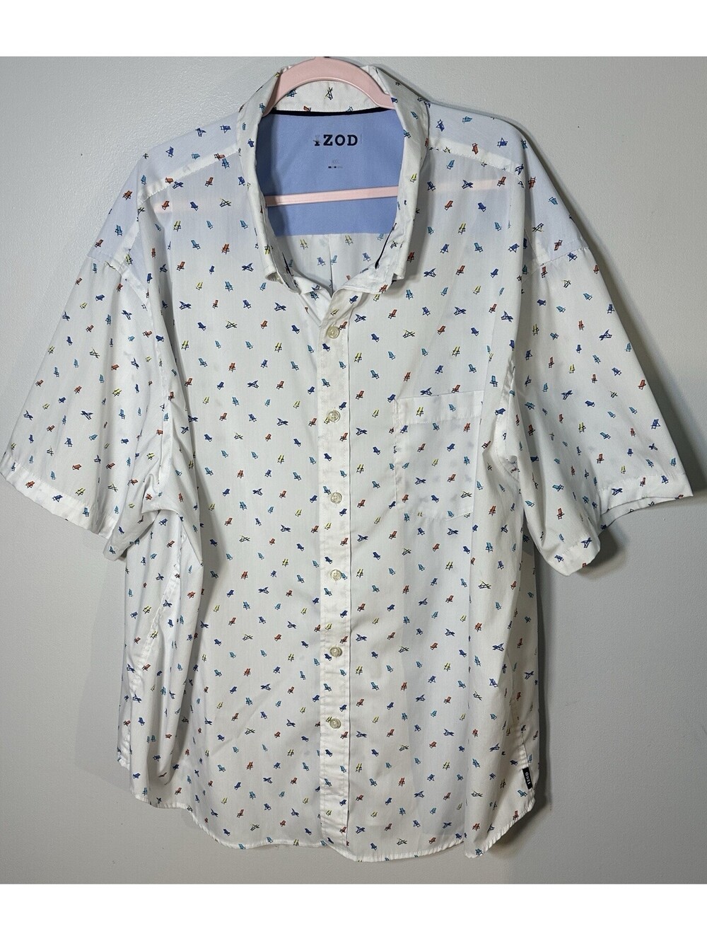 Men’s Izod White Short Sleeve Lightweight Coastal Beach Chair Print Shirt 4XL